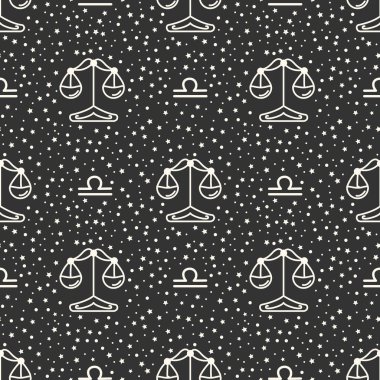 Yıldızlı gökyüzünde zodyak işaretli kusursuz desen, siyah ve beyaz. Terazi..