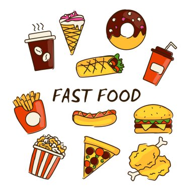 Hamburger, patates kızartması, sosis, sosis, kahve, sandviç, patlamış mısır, dondurma, pizza, çörek, tako ve benzerleriyle fast food menüsü. Beyaz renkte izole edilmiş vektör illüstrasyonu, 10 birim.