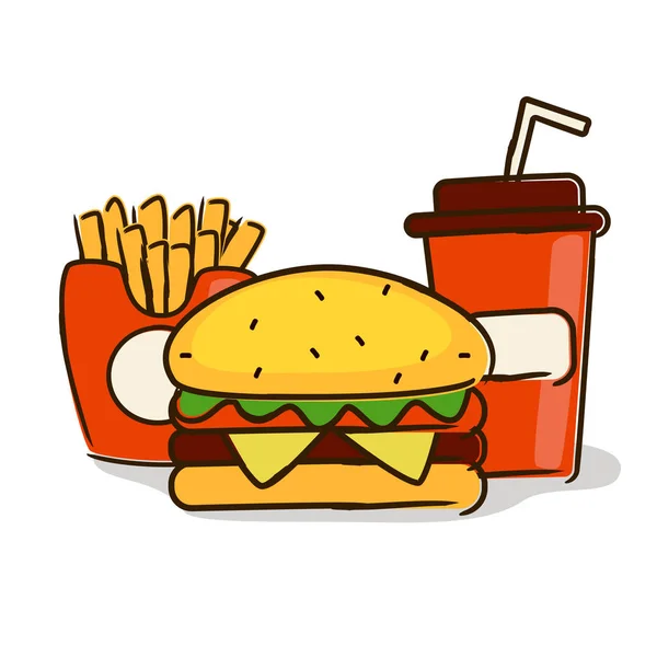 Combo fast food: burger, fries and beverage, cola, doodle vector icon -  Stock Image - Everypixel