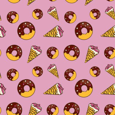 Şekerli, pürüzsüz pembe desenli. Dondurma ve çikolatalı donut.