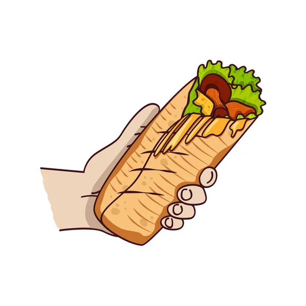 Vektorkyckling Grönsaksrulle Snabbmat Doner Cebab Shawarma Platt Tecknad Illustration Isolerad — Stock vektor