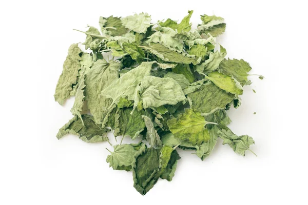 Bir avuç beyaz zemin üzerine kuru nane yaprakları