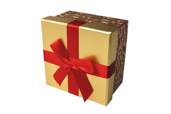 Vista superior de una caja de regalo aislada de color turquesa con una cinta roja — Foto de Stock