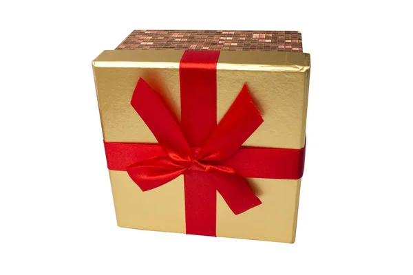 Draufsicht auf eine türkisfarbene isolierte Geschenkbox mit roter Schleife — Stockfoto