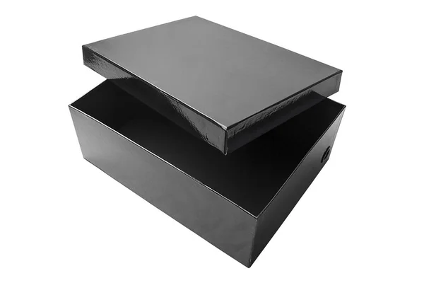 Чорна взуттєва коробка ізольована на білому тлі — стокове фото