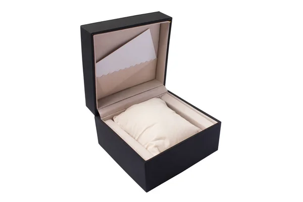 An empty black watch box. A pure card for the presentation of the brand.