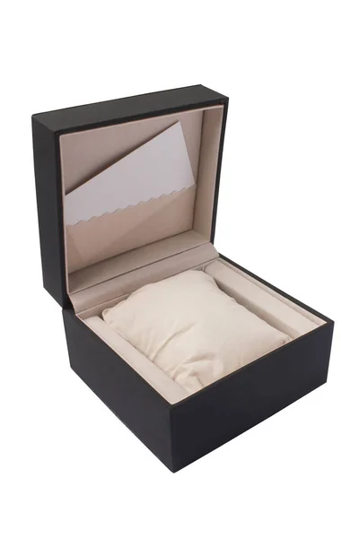 Gift box. Open black watch box on a white background. A blank business card inside, under the inscription