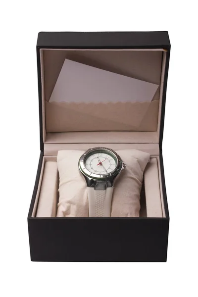 Gift box. Open black watch box on a white background. A blank business card inside, under the inscription Stock Picture