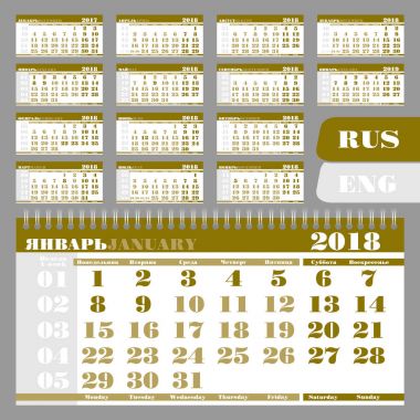 Takvim üç aylık dönem için 2018. Duvar takvimi, İngilizce ve Rusça. Hafta Pazartesi günü başlar.