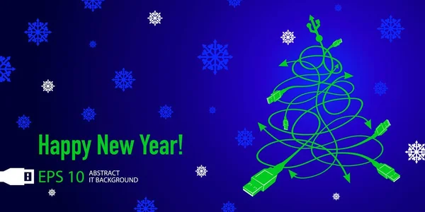 Tarjeta de felicitación de Año Nuevo con abeto verde del cable USB . — Vector de stock