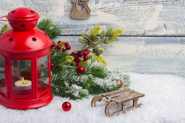 Yeni yıl kartı. Oyuncaklar ve dekor. Noel ve yeni yıl tema. Metin için boş yer 