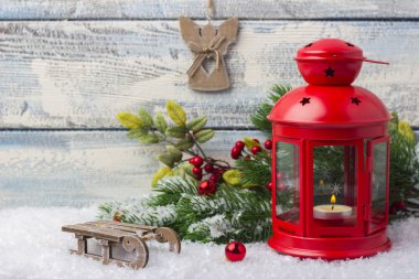 Yeni yıl kartı. Oyuncaklar ve dekor. Noel ve yeni yıl tema. Metin için boş yer 