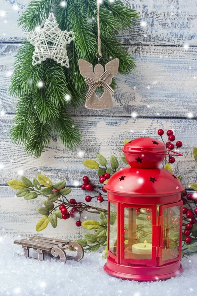 Biglietto Capodanno Candeliere Rosso Ramoscello Albero Natale Tema Del Nuovo — Foto Stock