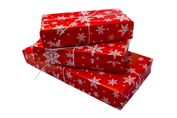 Rote Geschenkboxen Auf Weißem Hintergrund Isoliert — Stockfoto