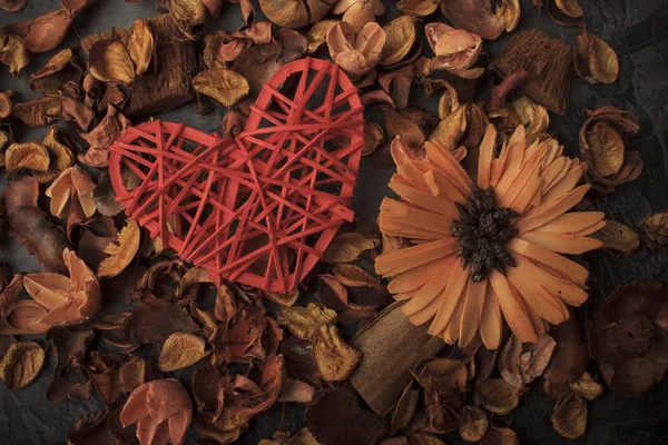 Rood Hart Een Achtergrond Van Gedroogde Bloemen Aftelkalender Voor Valentijnsdag — Stockfoto