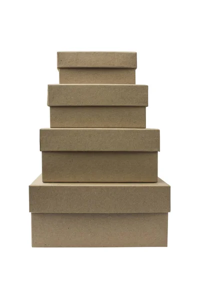 Set Clean Kraft Cardboard Boxes White Pyramid Isolated Object — Stock Photo, Image