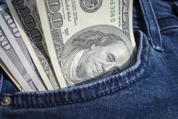 Billetes Cientos Dólares Que Sobresalen Bolsillo Jeans Moneda Americana Copiar —  Fotos de Stock