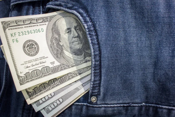 Billetes Cientos Dólares Que Sobresalen Bolsillo Jeans Moneda Americana Copiar —  Fotos de Stock