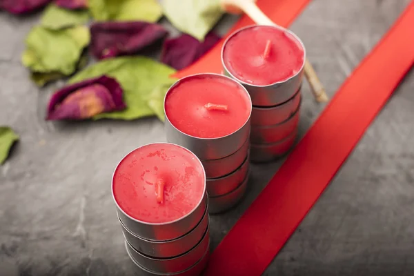 Set Red Candles Background Dry Rose Leaves Red Ribbon Copy Stock Photo