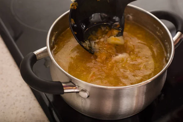 Sopa Frango Uma Panela Fogão Cozinhar Alimentos — Fotografia de Stock