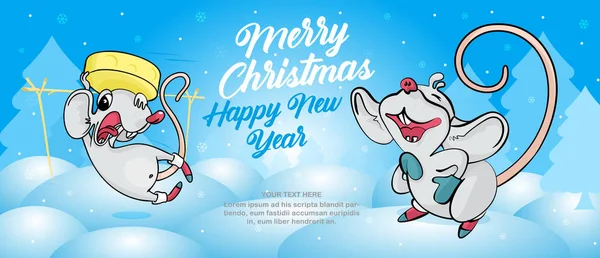 Cartoon Rats Play Games Piece Cheese New Year Christmas Concept — Stock Vector