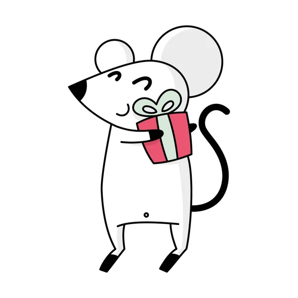 Cartoon Weiße Maus Mit Einer Schachtel Für Einen Geburtstag Ein — Stockvektor