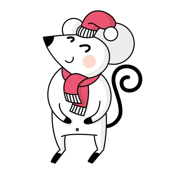 Cartoon White Mouse Red Scarf Hat Santa Claus New Year — ストックベクタ