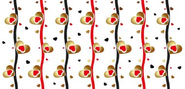 Altın ve kırmızı kalpli desen. Kumaş, tekstil, ambalaj kağıdı, duvar kağıdı düğün için arka plan, davetiye kartı. Sevgililer Günü. vektör illüstrasyonu