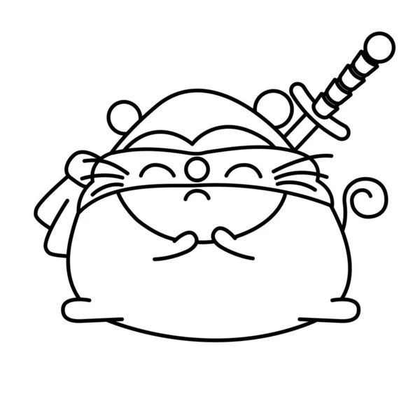 Bande Dessinée Blindfold Mouse Ninja Sword Contour Noir Sur Fond — Image vectorielle