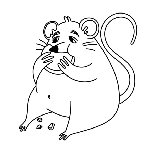 coloring pages doodle style. Fat rat eat cheese. Vector illustration