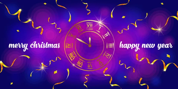 グリーティングカードハッピーニューイヤーとメリークリスマス 美しい カラフルな背景にローマ数字とゴールドの時計 ベクターイラスト — ストックベクタ