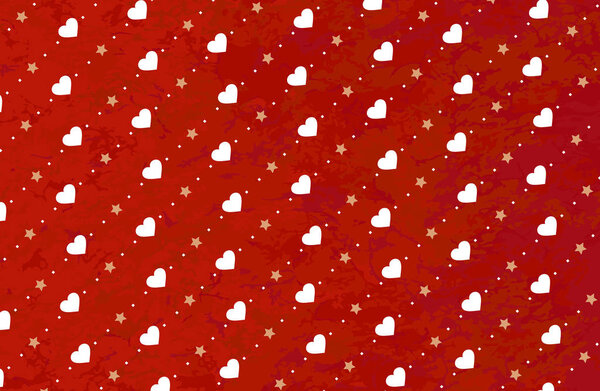 Abstract valentines day background. White hearts and golden stars on a red background. Pattern for fabric, textile, wrapping paper, wallpaper, background for a wedding, invitation card. vector illustration