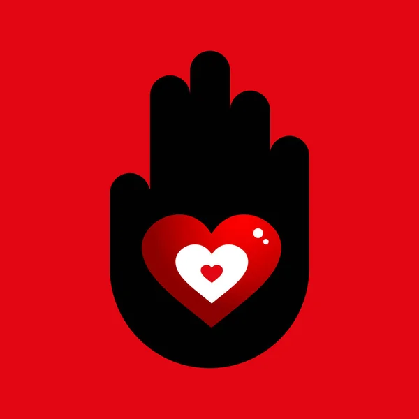 赤い背景にボリュームのある赤いハートのイラストが入ったブラックのハンドシンボル 愛の概念結婚式バレンタインデーベクトル停止記号 — ストックベクタ