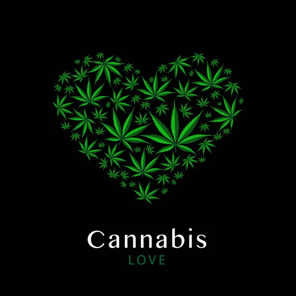 Heart Symbol Made Green Leaves Marijuana Black Background Vector Illustration — 스톡 벡터