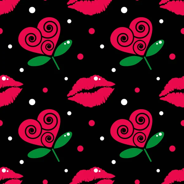 心の形をした花のシームレスなパターンと黒の背景にキスの印刷物 包装紙 結婚式の背景 招待状カードのためのパターン ベクターイラスト — ストックベクタ