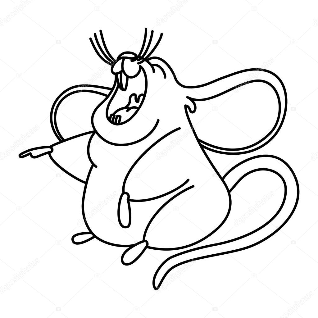 coloring pages doodle style. Cartoon yellow rat with big ears laughs out loud. lol. Vector illustration