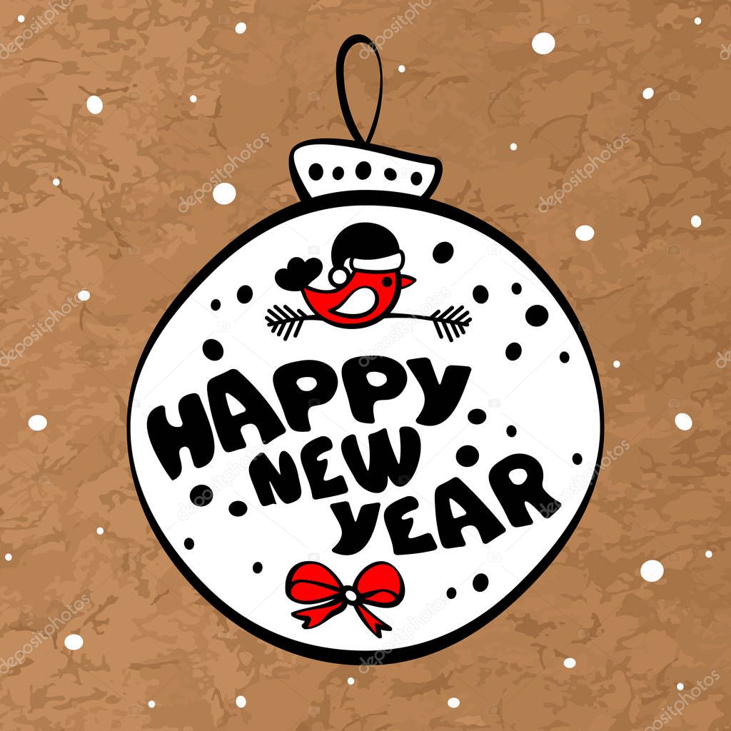 Happy New Year Banner. Christmas toy on the background of cork texture. Vector illustration