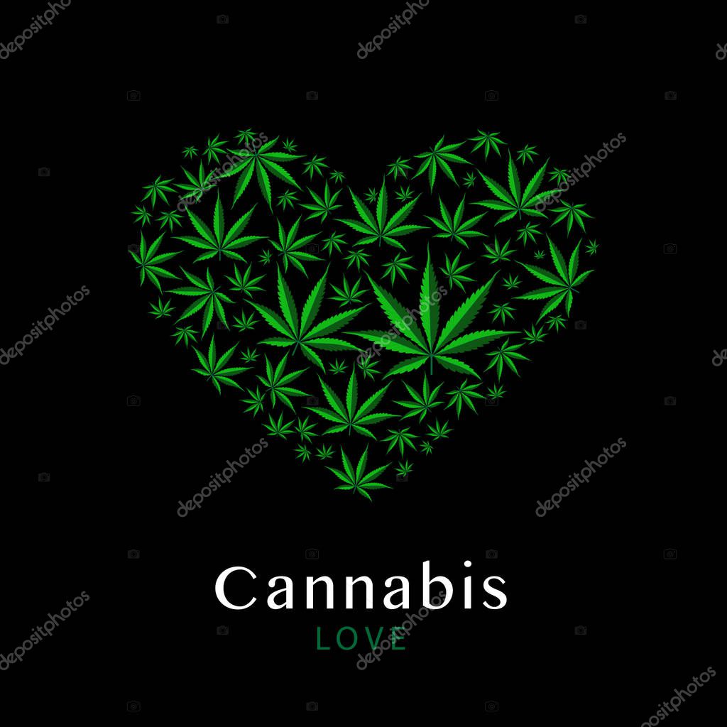 Heart symbol made from green leaves of marijuana on a black background. Vector illustration
