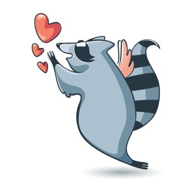 Melek kanatlı rakun sevmek kırmızı kalpler için sinek gibidir. Çizgi film hayvanı. Aşk konsepti, sevgililer günü. Vektör