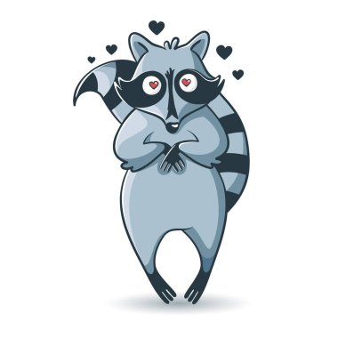 Gözlerinde kalp olan aşık bir rakun. Çizgi film hayvanı. Aşk konsepti, sevgililer günü. Vektör
