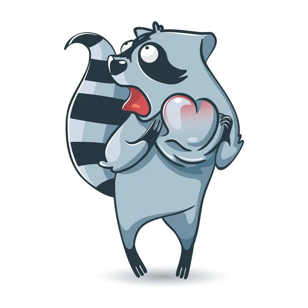 Sorprendido mapache con un corazón saltando de su pecho. Animal de dibujos animados. Concepto de amor, día de San Valentín. Vector — Vector de stock