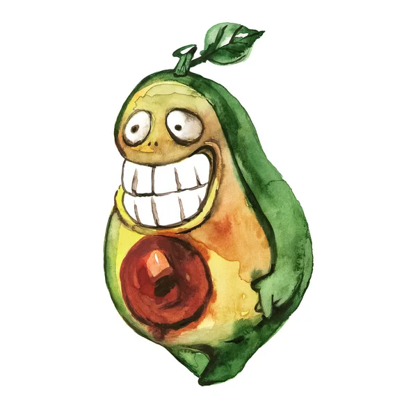 Avocado mit einem breiten Lächeln und weißen Zähnen. Aquarell-Illustration, Zeichentrickfigur auf weißem Hintergrund. Konzept einer gesunden Ernährung, Fitness, Sport, gesunde Zähne — Stockfoto