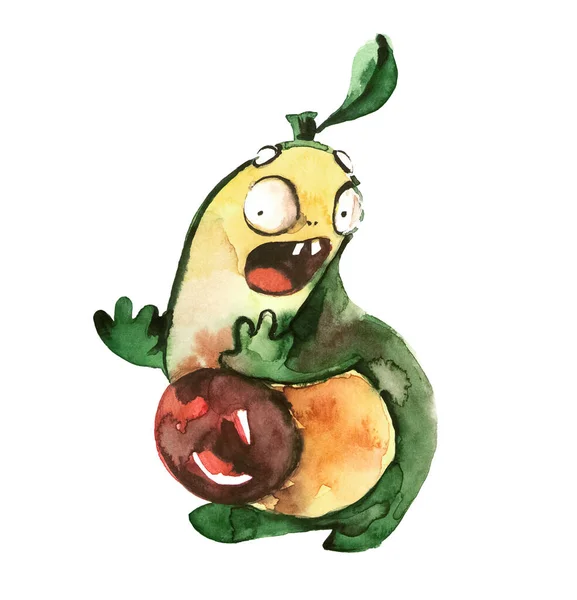 Frightened avocado with round eyes in fear and an open mouth. Watercolor illustration, cartoon character on a white background. The concept of fear, horror — Stock Photo, Image