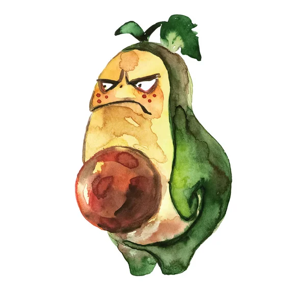 Evil avocado with a bone. Watercolor illustration, cartoon character on a white background. The concept of evil, hate — Stock Photo, Image