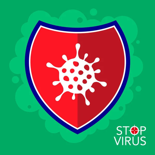 Escudo rojo y el signo del virus, bacteria, microbio como símbolo de protección contra enfermedades. Detener concepto de virus — Vector de stock