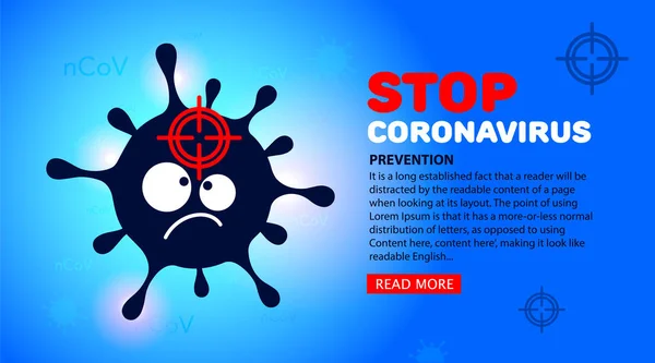 Webbanner Stop Coronavirus, viruspreventie. Cartoon symbool van virus, microbe, bacterie pictogram en doel gericht op een blauwe achtergrond — Stockvector