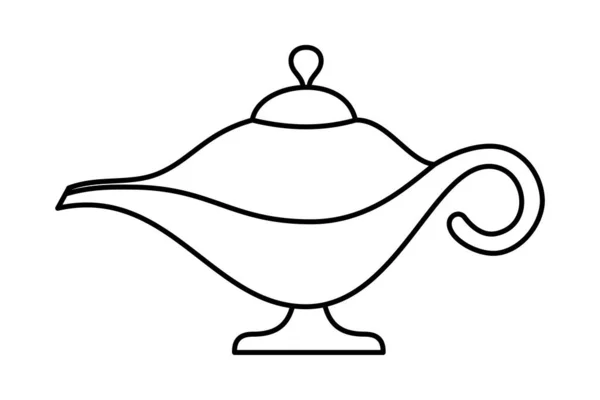 Línea mágica de la lámpara de aceite, signo de vector de contorno, pictograma lineal y completo aislado en blanco — Vector de stock