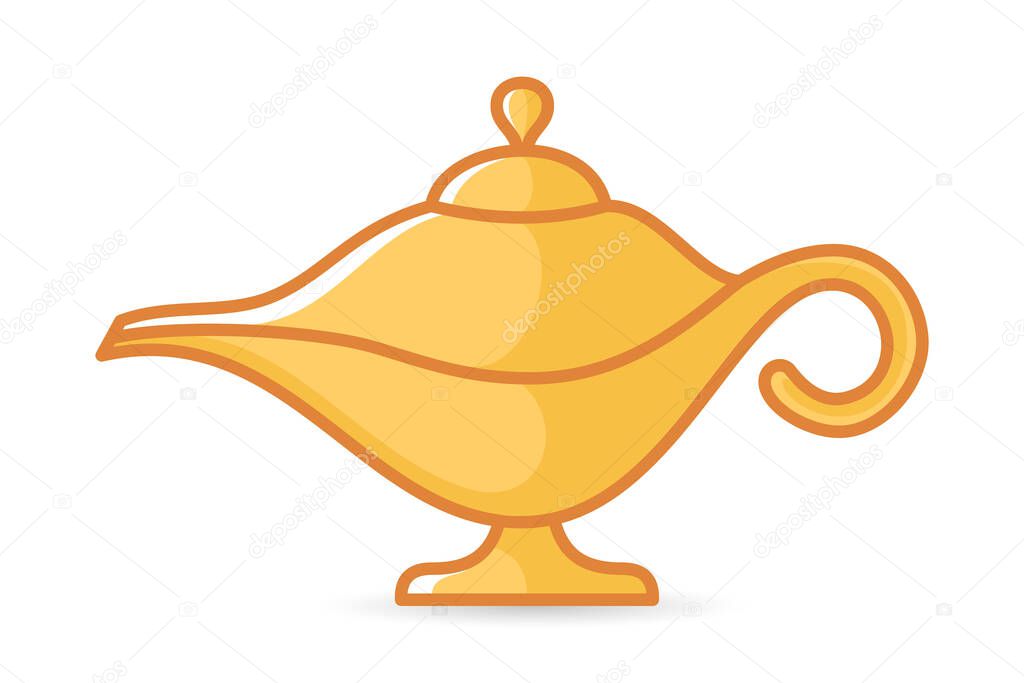 Magic oil lamp, gold color. Magic aladdin or gin lamp. Flat style. Isolated over white background