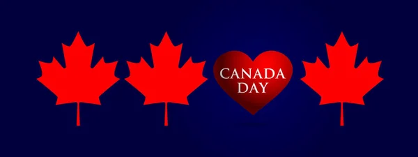 全景横幅为加拿大日红枫叶和心脏蓝色背景 矢量说明 — 图库矢量图片