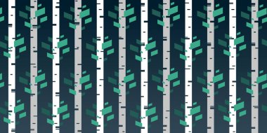 Doğanın teması üzerine güzel bir arka plan, ormandaki genç ağaçların stilize edilmesi. Yeşil yapraklı genç beyaz huş ağaçları. Vektör illüstrasyonu